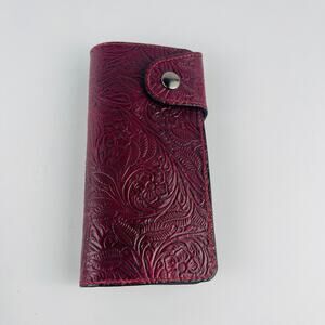 Maroon Engraved Long Leather Wallet 7 3/17 x 3 5/8